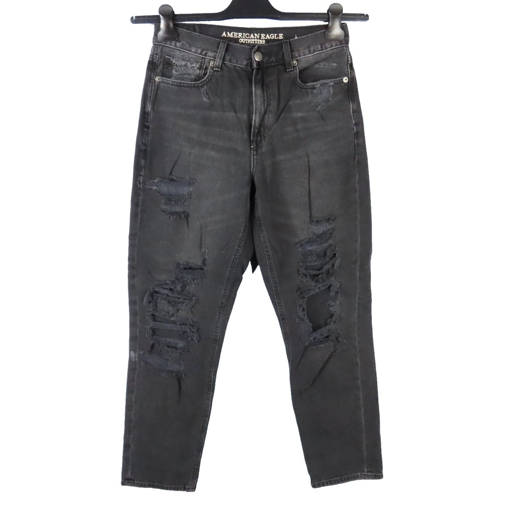 AMERICAN EAGLE OUTFITTERS Faded Black Gray DESTROYED MOM JEANS High Rise 6 R